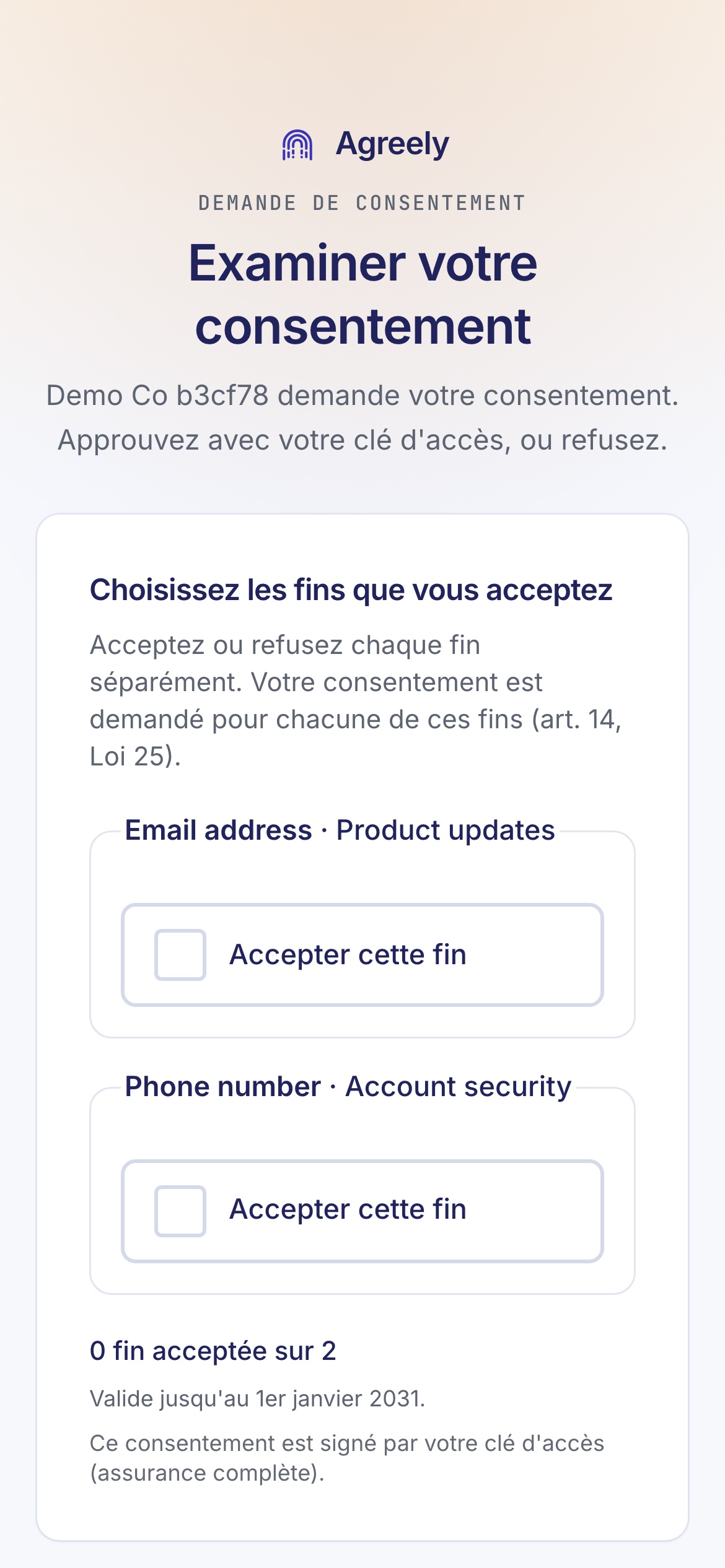 L’appli citoyenne Agreely affichant la liste des consentements et leurs reçus.